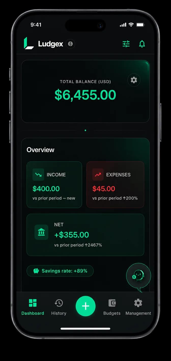 Ludgex mobile dashboard with balance, income, expenses, and savings